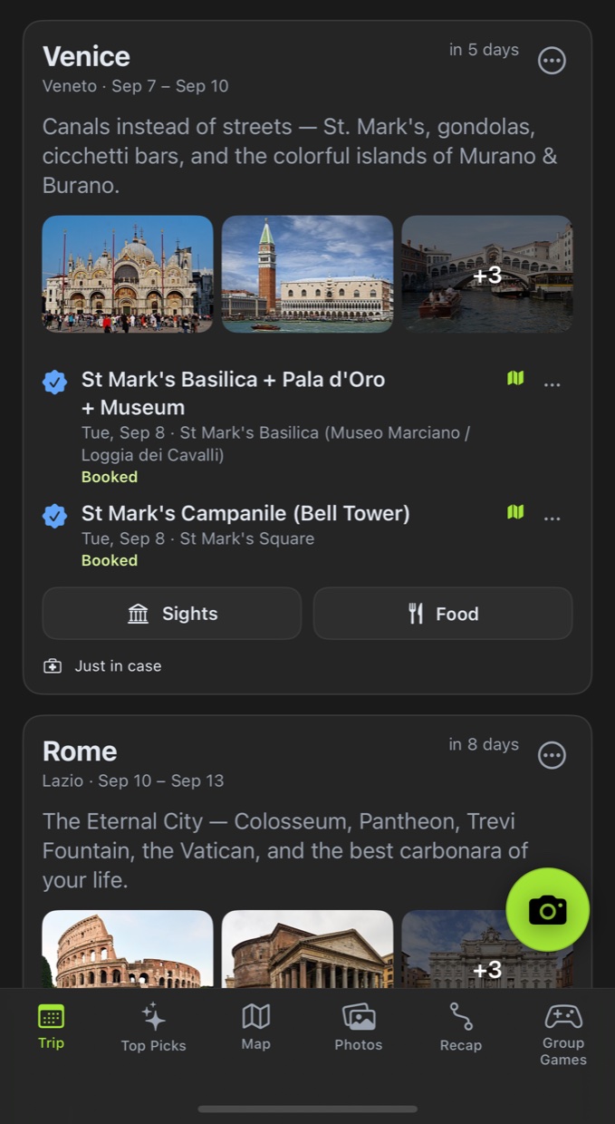 A trip page showing Verona and Venice as stay cards, each with dates, weather, a short description, famous sights and the plans booked there.