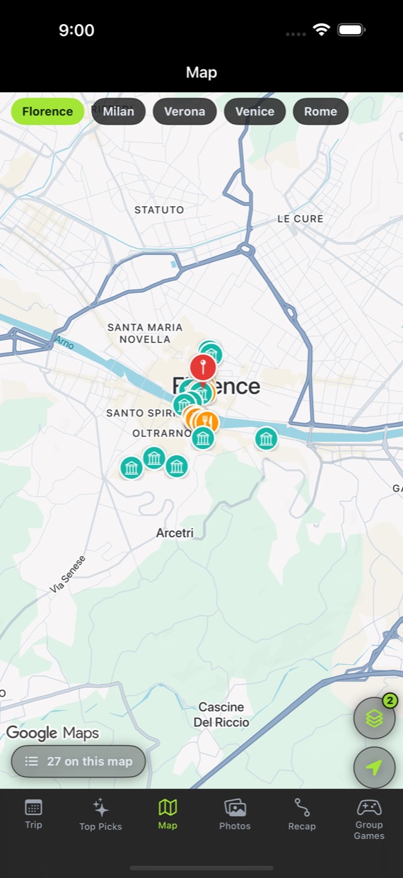 A trip map of Florence with food and sights pins, layer chips along the top and stops listed as pills.