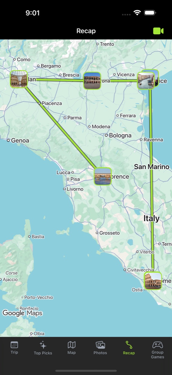 A map of Italy with the trip's route drawn between photo thumbnails pinned where each was taken.