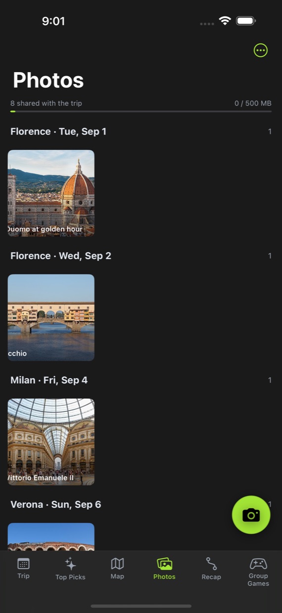 Trip photos grouped under place-and-day headings with captions underneath.