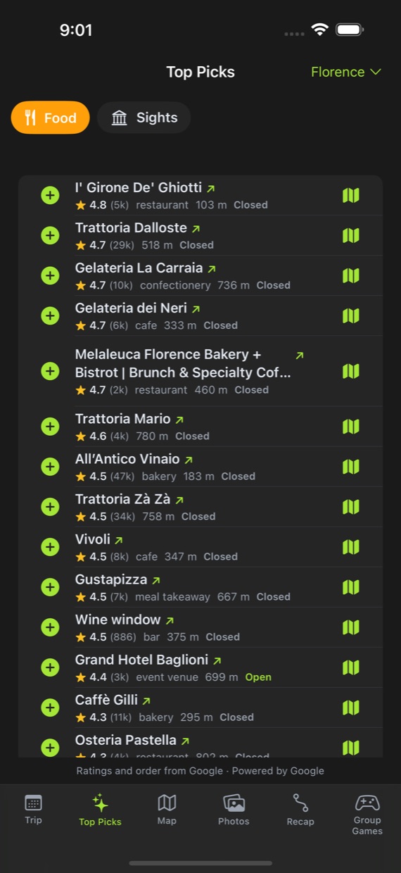 A ranked list of restaurants near Florence, each with its category and distance and a button to add it to the trip.