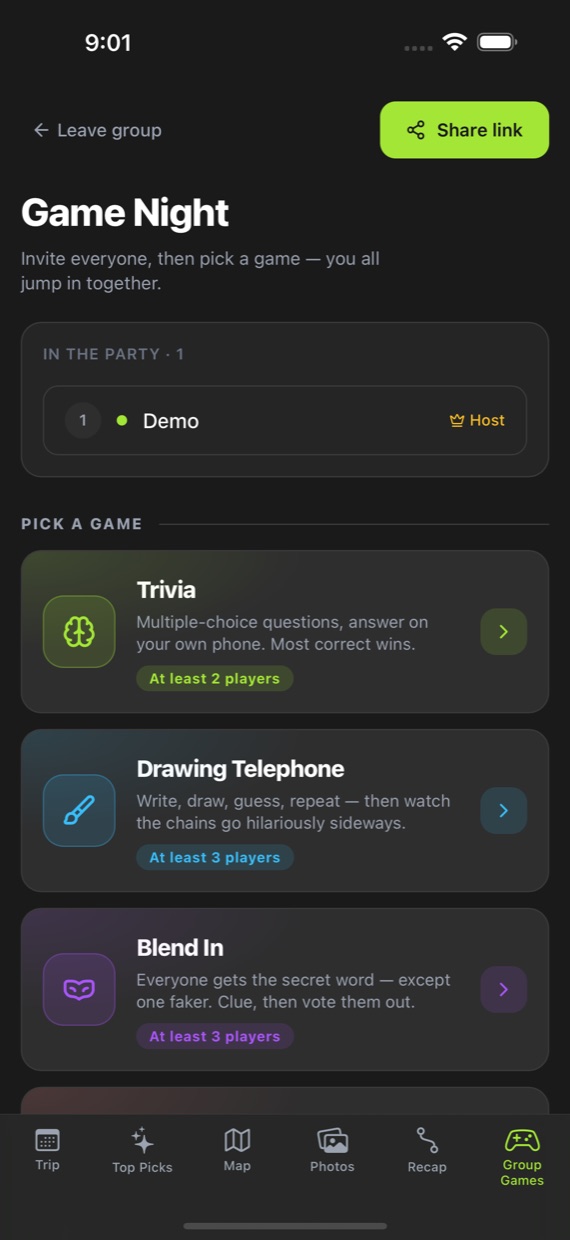 The Group Games screen: the party roster, and the four games — Impostor, Trivia, Drawing Telephone and Crazy Eights.