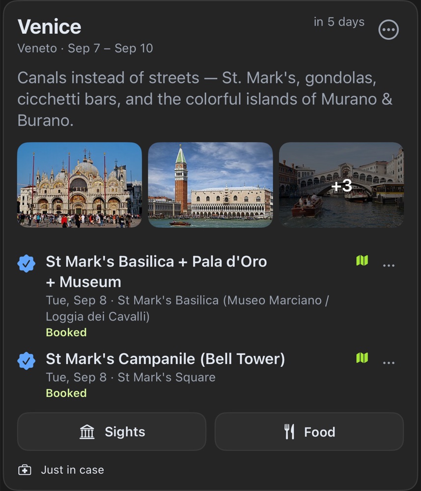 A stay card for Venice: the dates, the forecast, a short description, three famous sights, and the plans booked there.